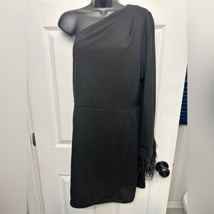 New York & Company Black One-Shoulder Dress with Feather Detail